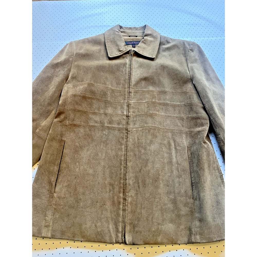 Anne Klein Genuine Suede Leather Jacket Women's Large Taupe Brown Zip Coat